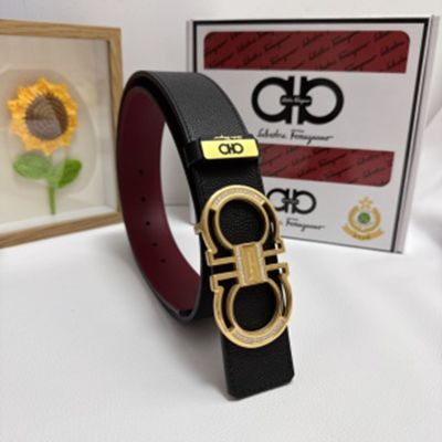 1:1 Ferragamo  Black Leather Belt  with Gold Double Logo buckle  3.8cm